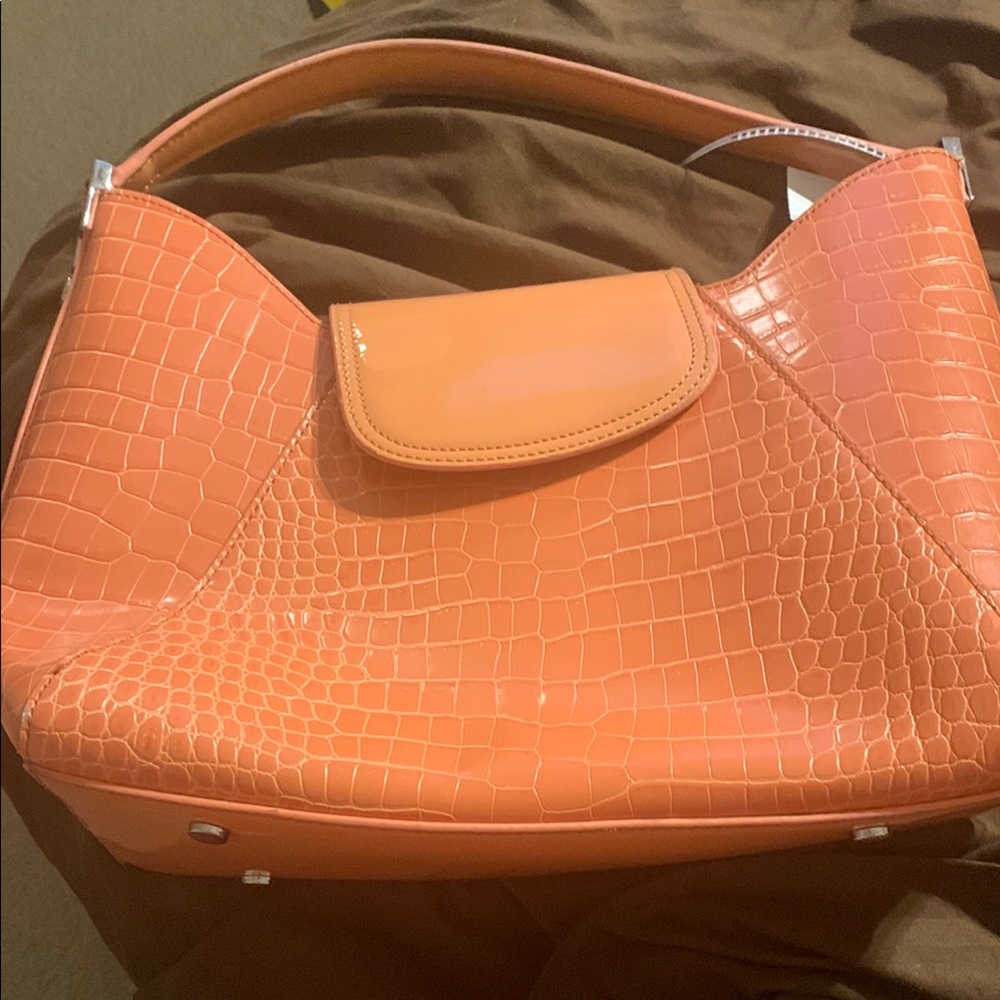 Orange Shoulder Bag with Crocodile Texture and Flap Closure
